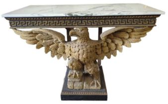 A console table having rectangular grey marble top