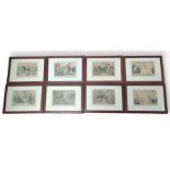 Set of eight tinted engravings, in oak frames