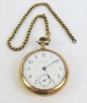 A Waltham gold plated pocket watch, the white enam