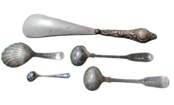 A George III silver caddy spoon, three silver must