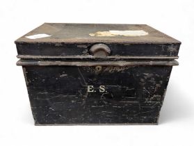 A vintage black painted deed box