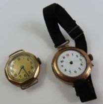 Two 9ct gold watch faces, one on a fabric strap