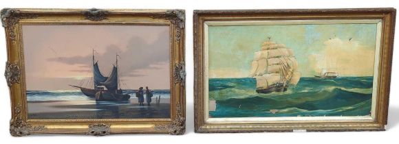 Oil on canvas, maritime scene of a ship with two f