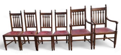 Six Edwardian oak dining chairs, with red leathere
