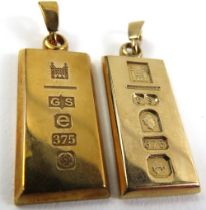 Two 9ct gold ingot pendants with feature hallmarks