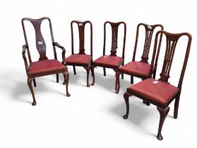 Set of five Queen Ann style dining chairs, with red cu