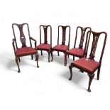Set of five Queen Ann style dining chairs, with red cu