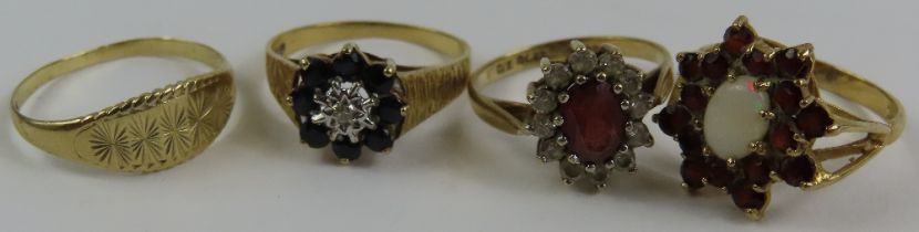 A 9ct gold sapphire and diamond cluster ring, two