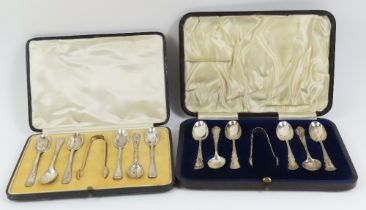 A cased set of six silver teaspoons and sugar tong