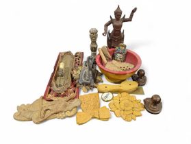 A collection of wooden items to include a bowl, ca