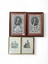 Two framed engraved portraits and two framed Frenc