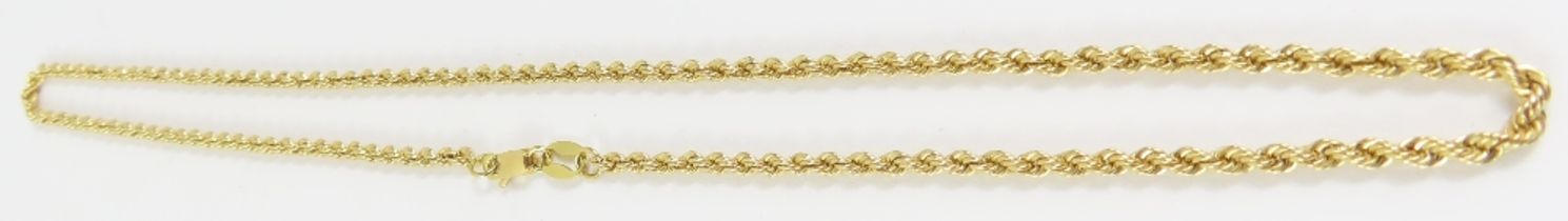 A hollow rope chain, marked '750', 42cm long, 4g g