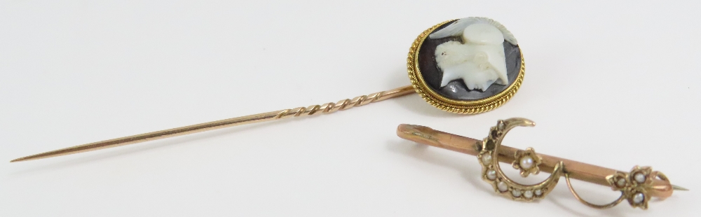 A stick pin with a black and white cameo of Athena