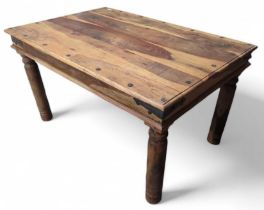 A modern Mexican pine table, with iron bracket dec