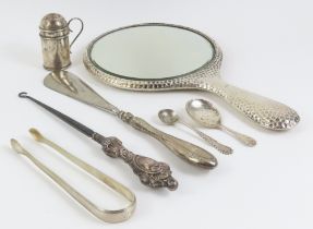 A silver backed hand mirror; George III silver sug