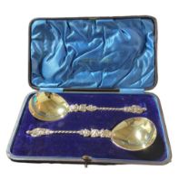 A pair of cased apostle type fruit serving spoons,