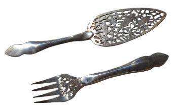 A contemporary Scottish silver fish knife and fork, with pierced and engraved