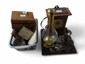 An oak cased mantel clock, a silverplated candlestick and vario