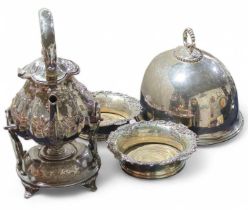 A Victorian silver plated spirit kettle, a pair of