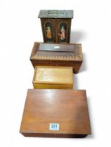 A 19th Century marquetry tea caddy, a small painte