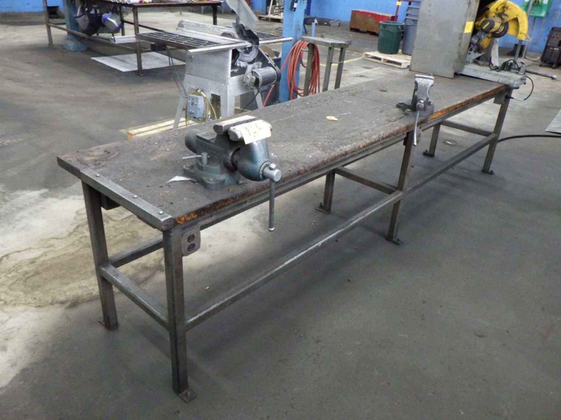 Wood top workbench with vices