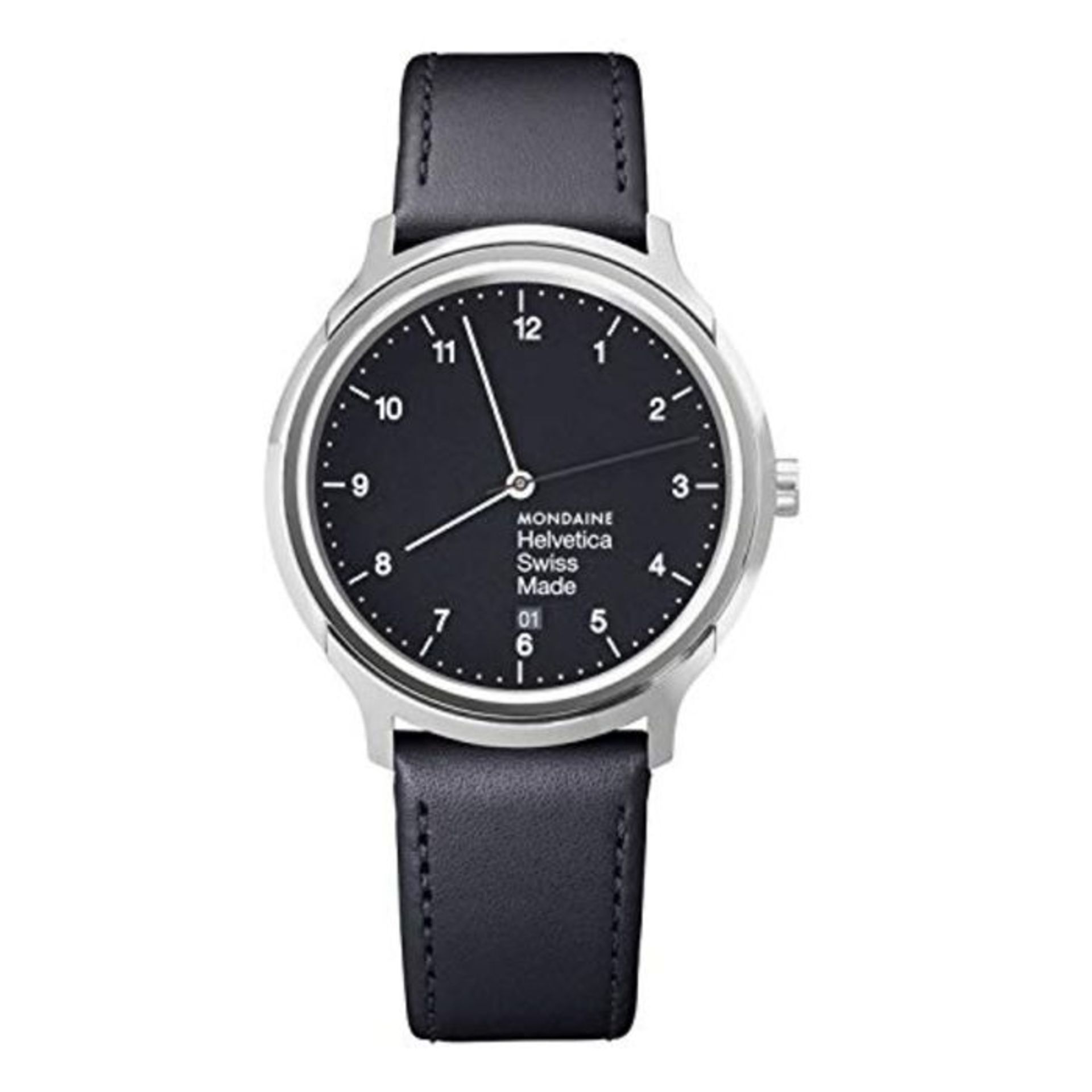 RRP £287.00 Mondaine Helvetica No1 Regular Women's/ Men's Watch, Black Dial with Date and Black St