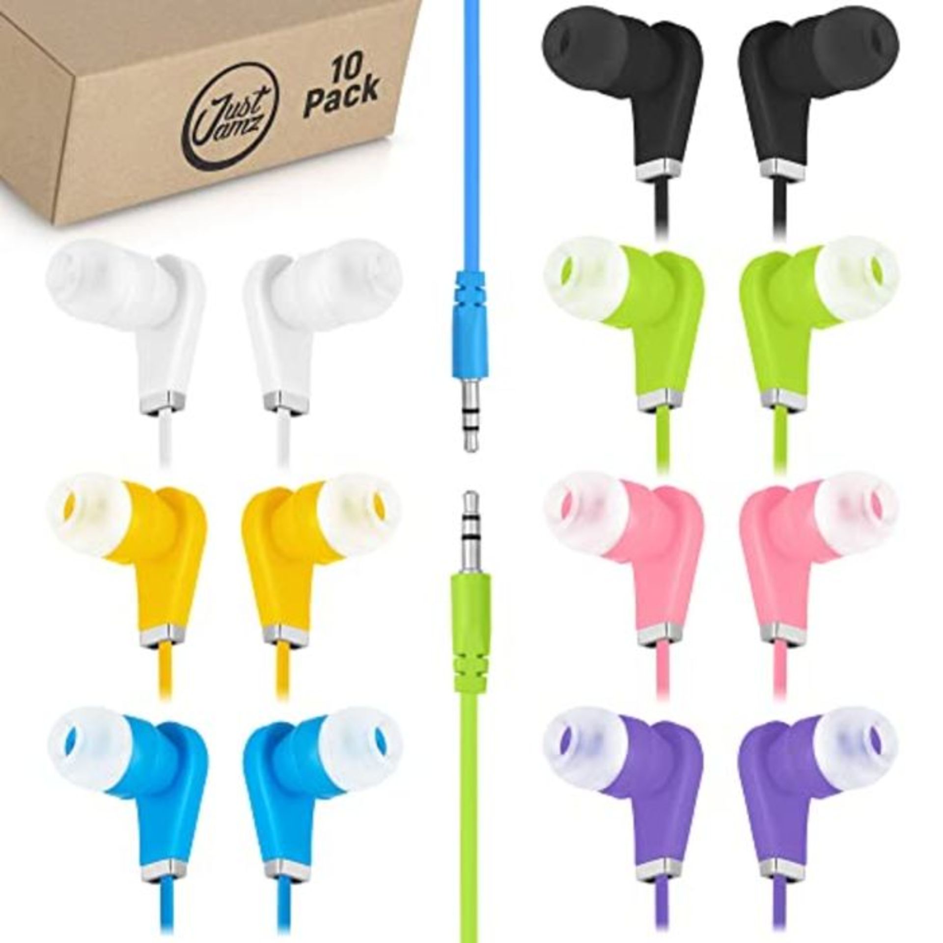 RRP £83.00 Bulk Earbuds JustJamz Bits, 10 Pack of Colorful in-Ear Earbuds, 3.5mm Stereo in-Ear Ea