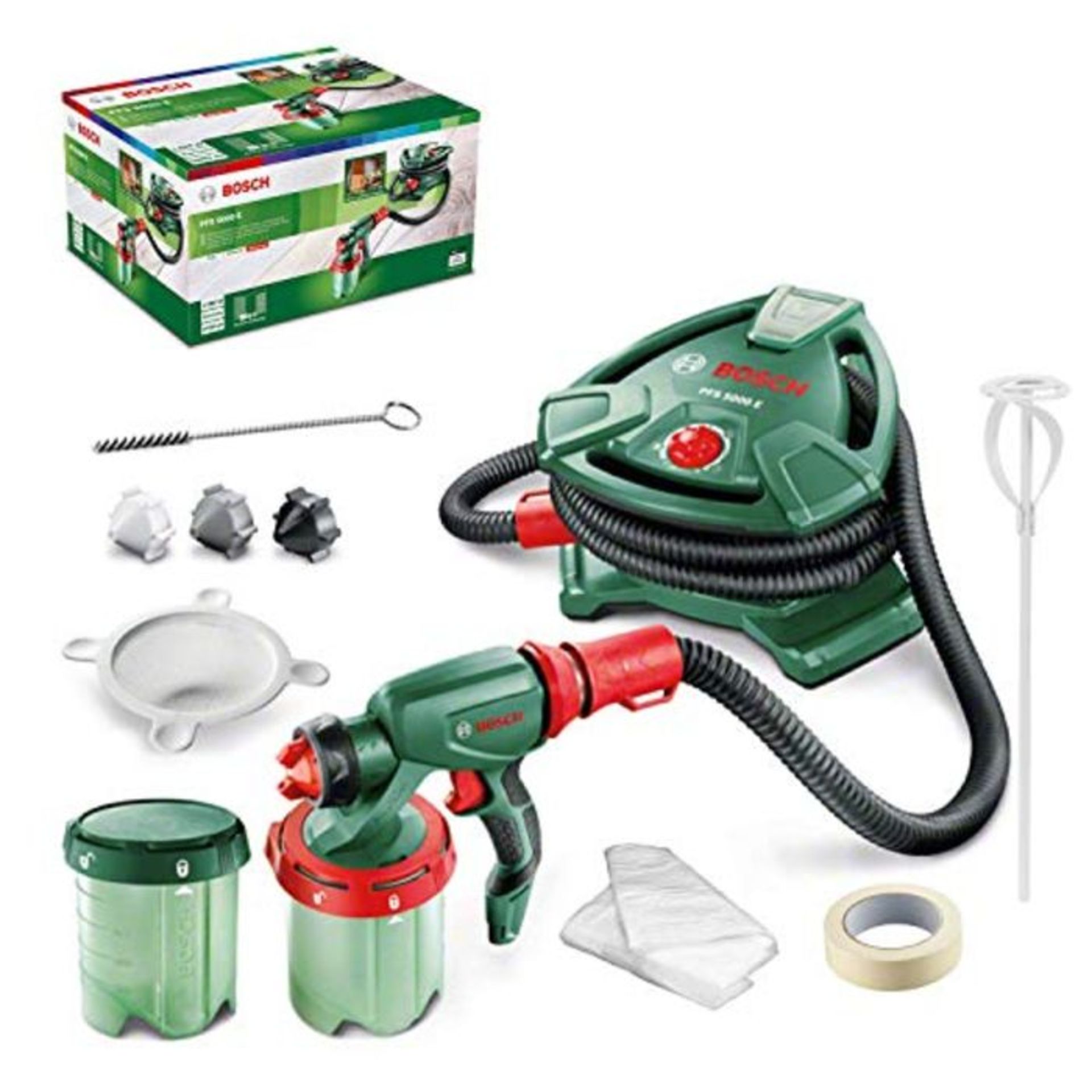 RRP £216.00 Bosch Paint Sprayer System PFS 5000 E (1200 W, 2x Paint Tanks 1000 ml, Nozzles for Wal