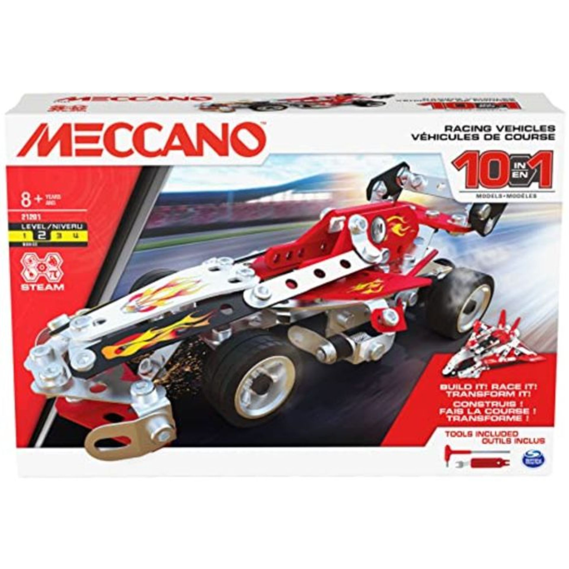 Meccano 10-in-1 Racing Vehicles STEM Model Building Kit with 225 Parts and Real Tools,