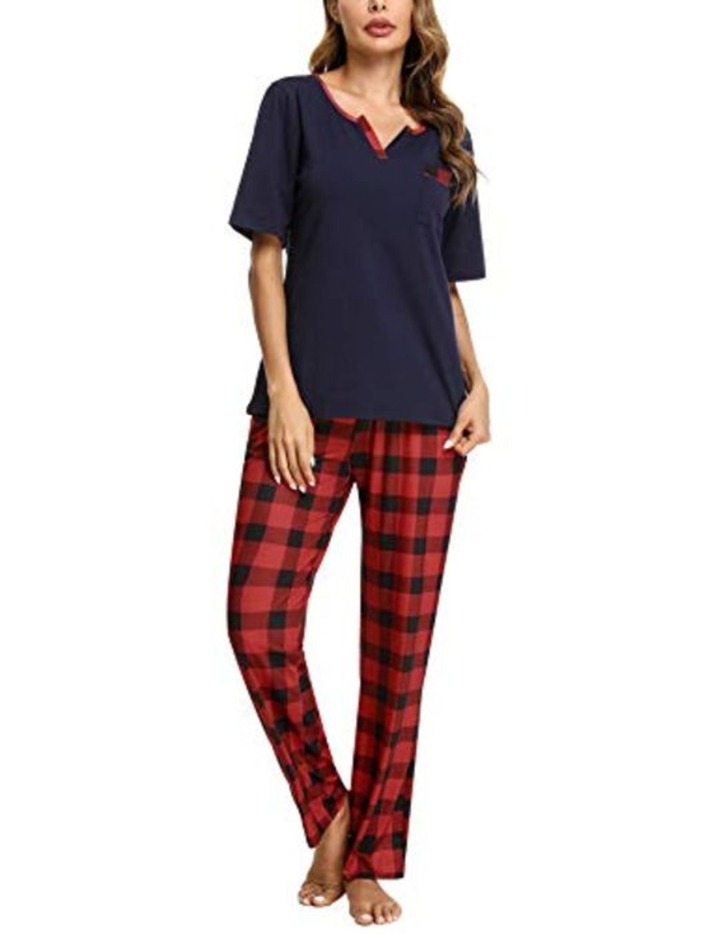 Doaraha Pyjama Set Women Cotton Checked Short Sleeve Loungewear Top & Bottom Sleepwear