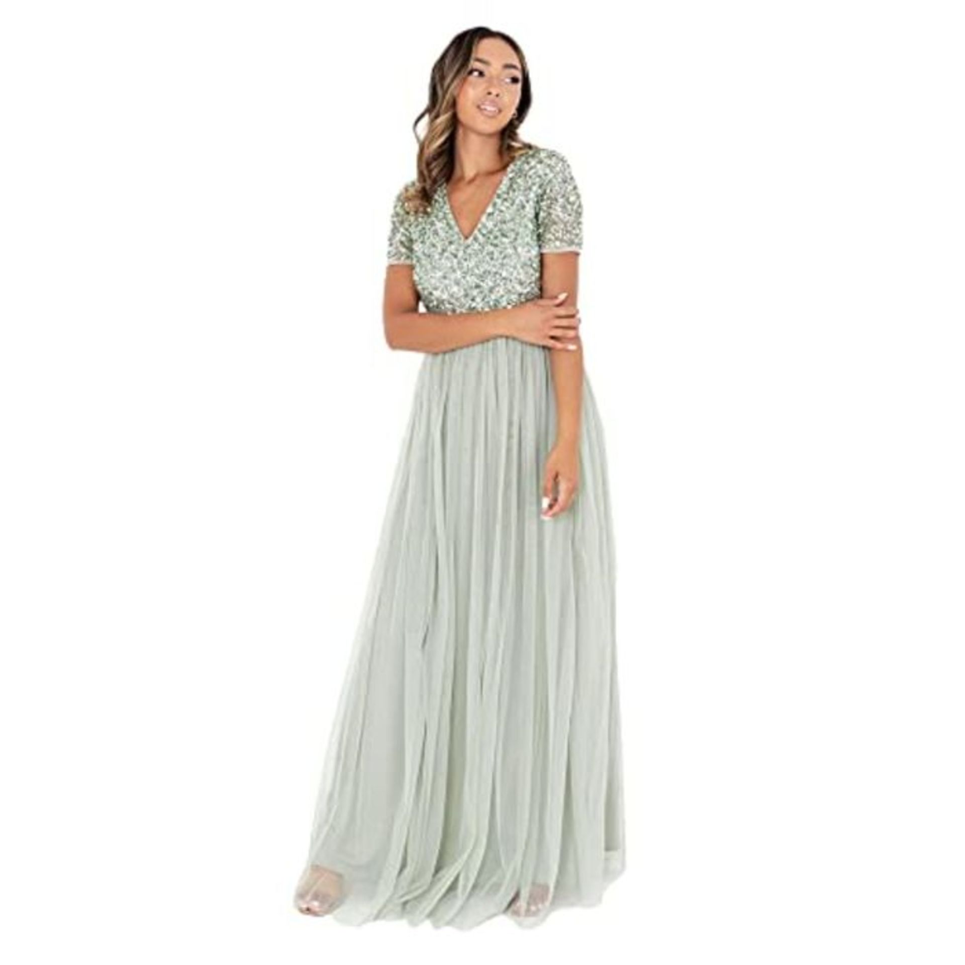 RRP £85.00 Maya Deluxe Women's Maya Green Lily V Neckline Embellished Maxi Dress Bridesmaid, 6