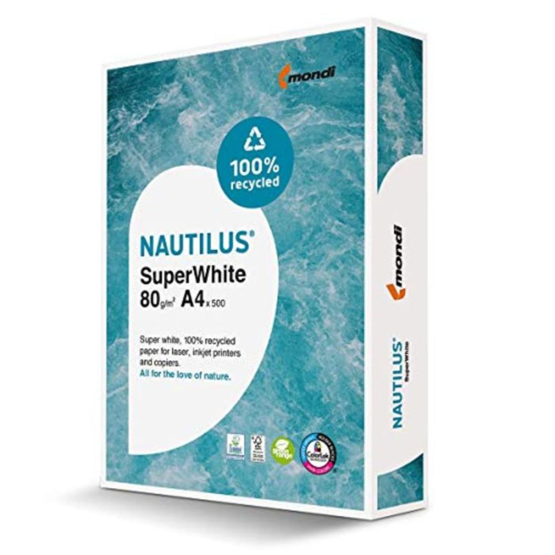 Carta riciclata 100% Nautilus Super White per stampa laser/inkjet, formato A4 80gr./mq