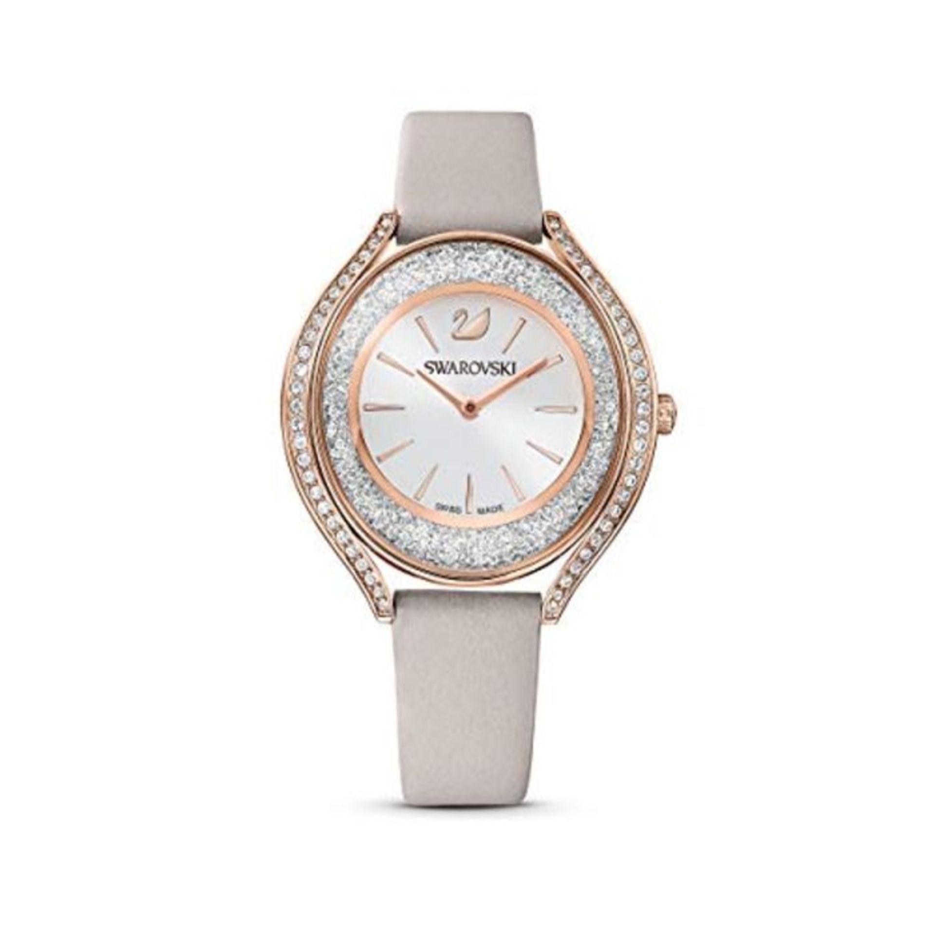 RRP £219.00 Swarovski Crystalline Aura Watch, Leather Strap, Gray, Rose Gold-Tone Finish