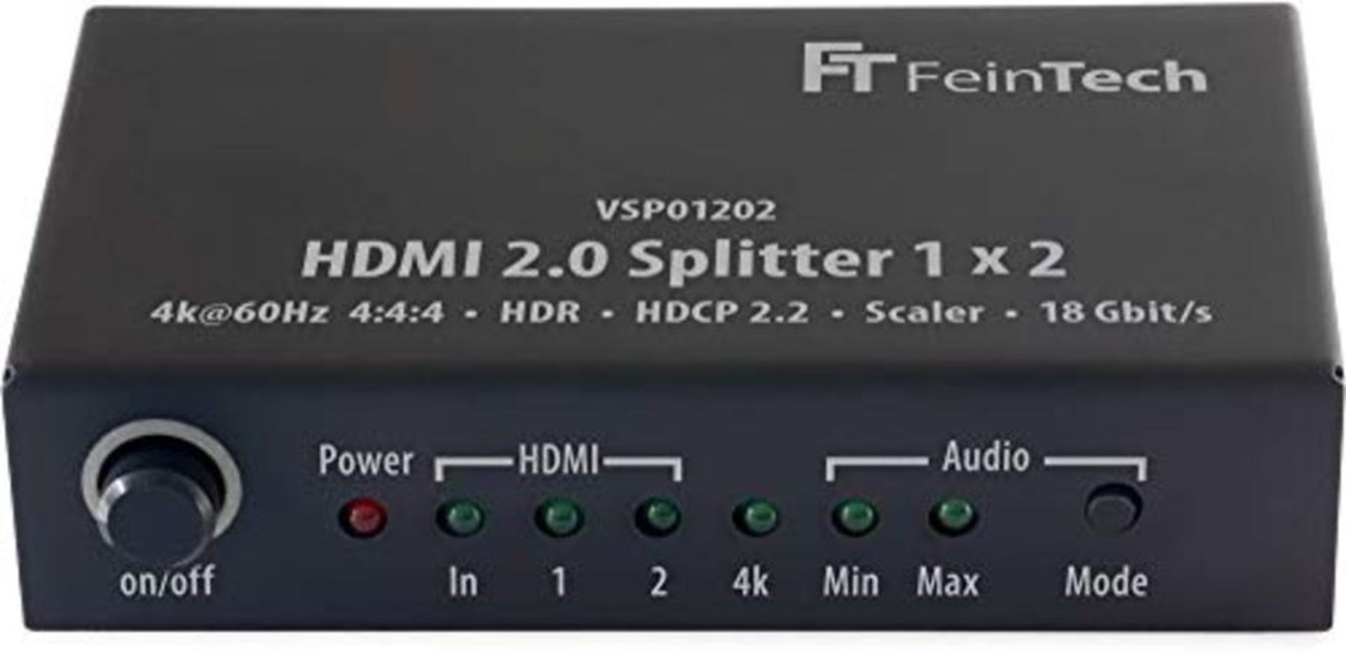 FeinTech VSP01202 HDMI 2.0 Splitter 1x2 mit 4K HDR Down-Scaler Audio-EDID Schwarz