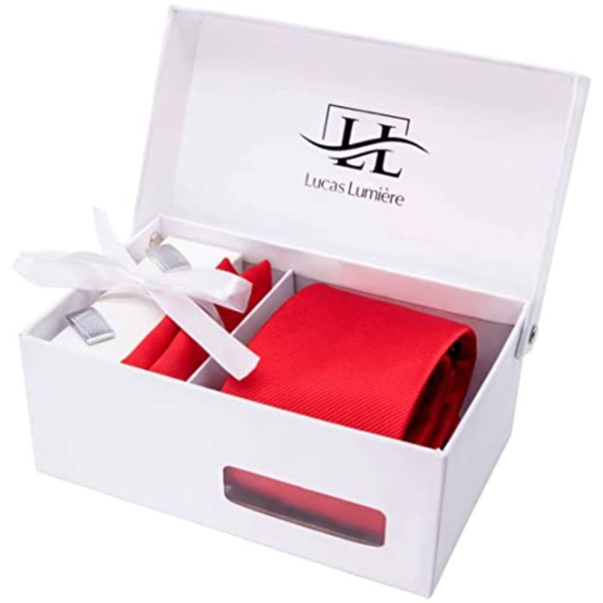 Lucas Lumière® Tie Set | Men's Tie with Large Pocket Square Including Cufflinks Silv