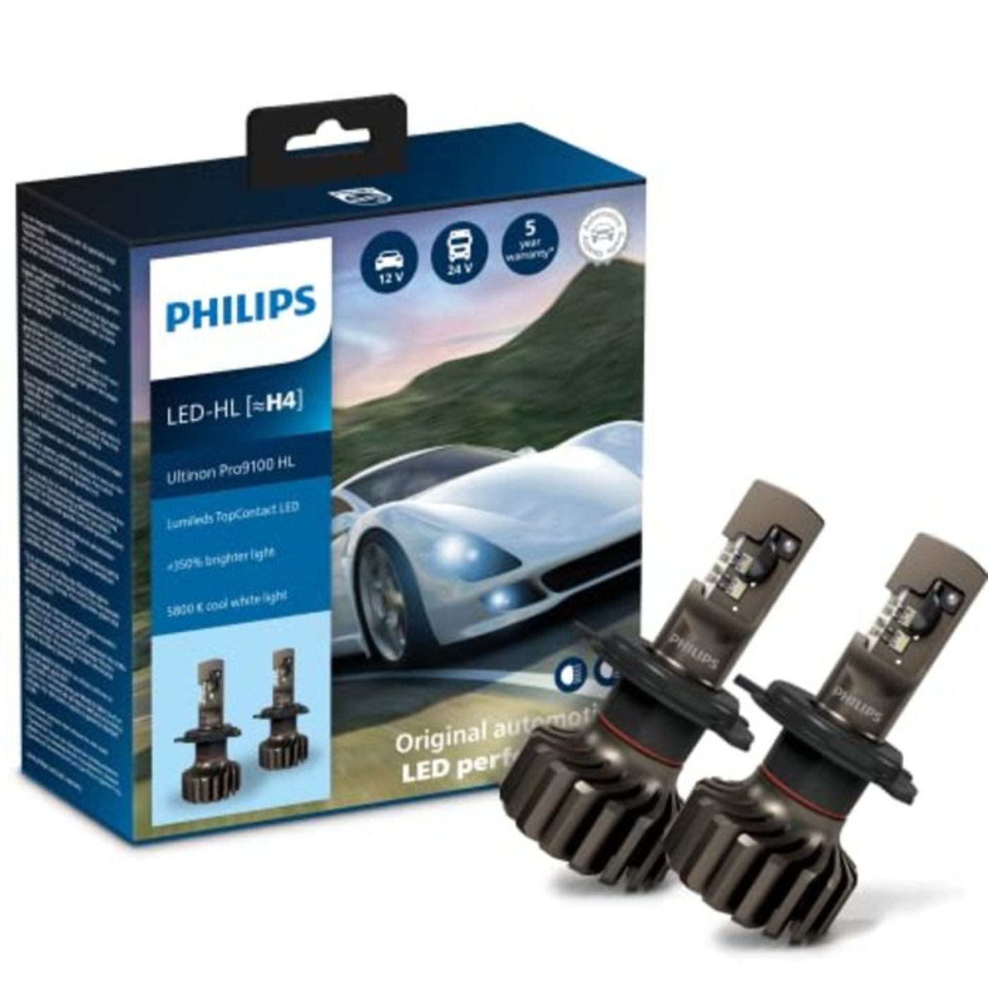 RRP £149.00 Philips Ultinon Pro9100 LED car headlight bulb (H4), +350%, 5.800K, set of 2