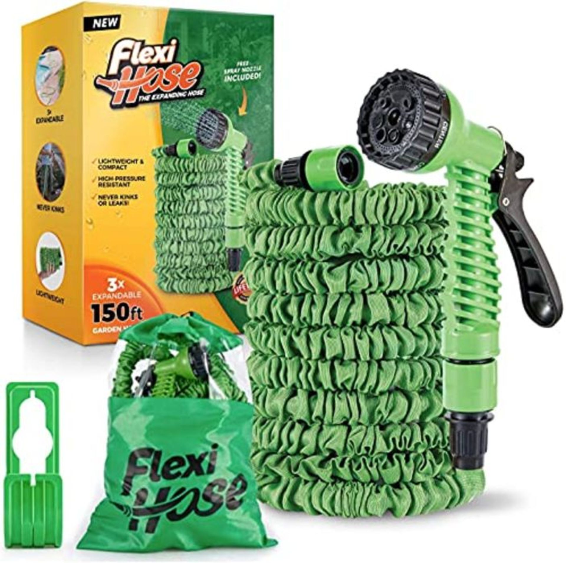 Flexi Hose 150 Foot Expandable Garden Hose with 7 Function Spray Nozzle - Durable Bras