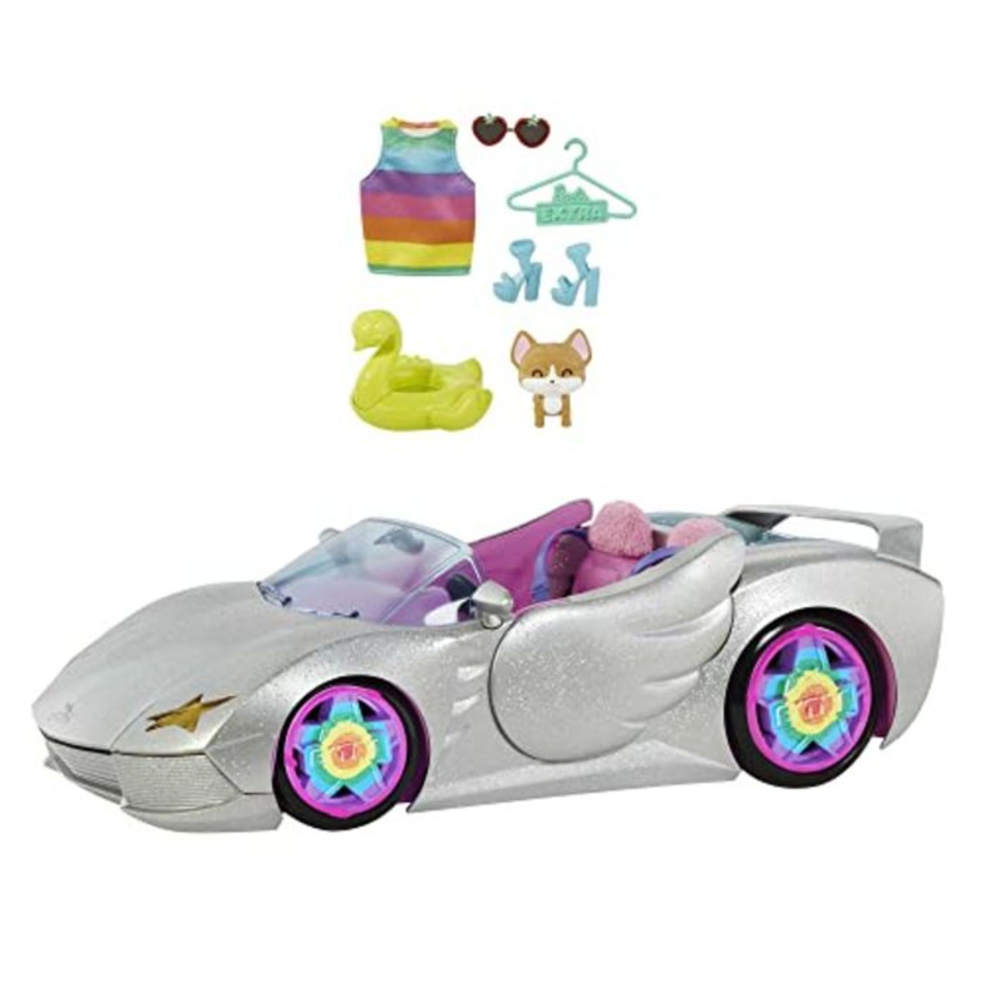 Barbie Extra Vehicle, Sparkly Silver 2-Seater Convertible Car with Pink Interior, Pupp