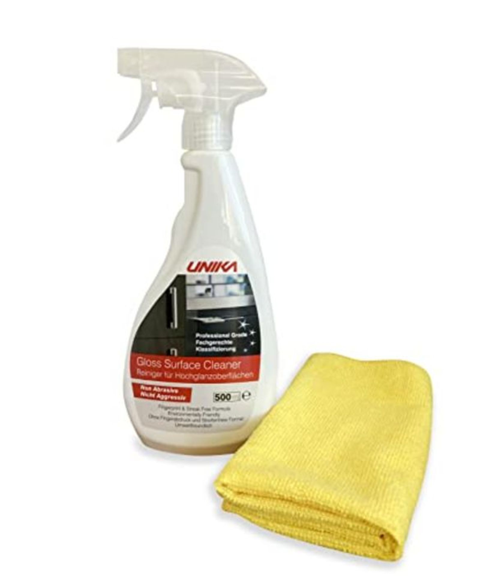 Unika CLEANGLOSSP500 Non-Aerosol Gloss Surface Cleaner & Microfibre Cloth 500ml