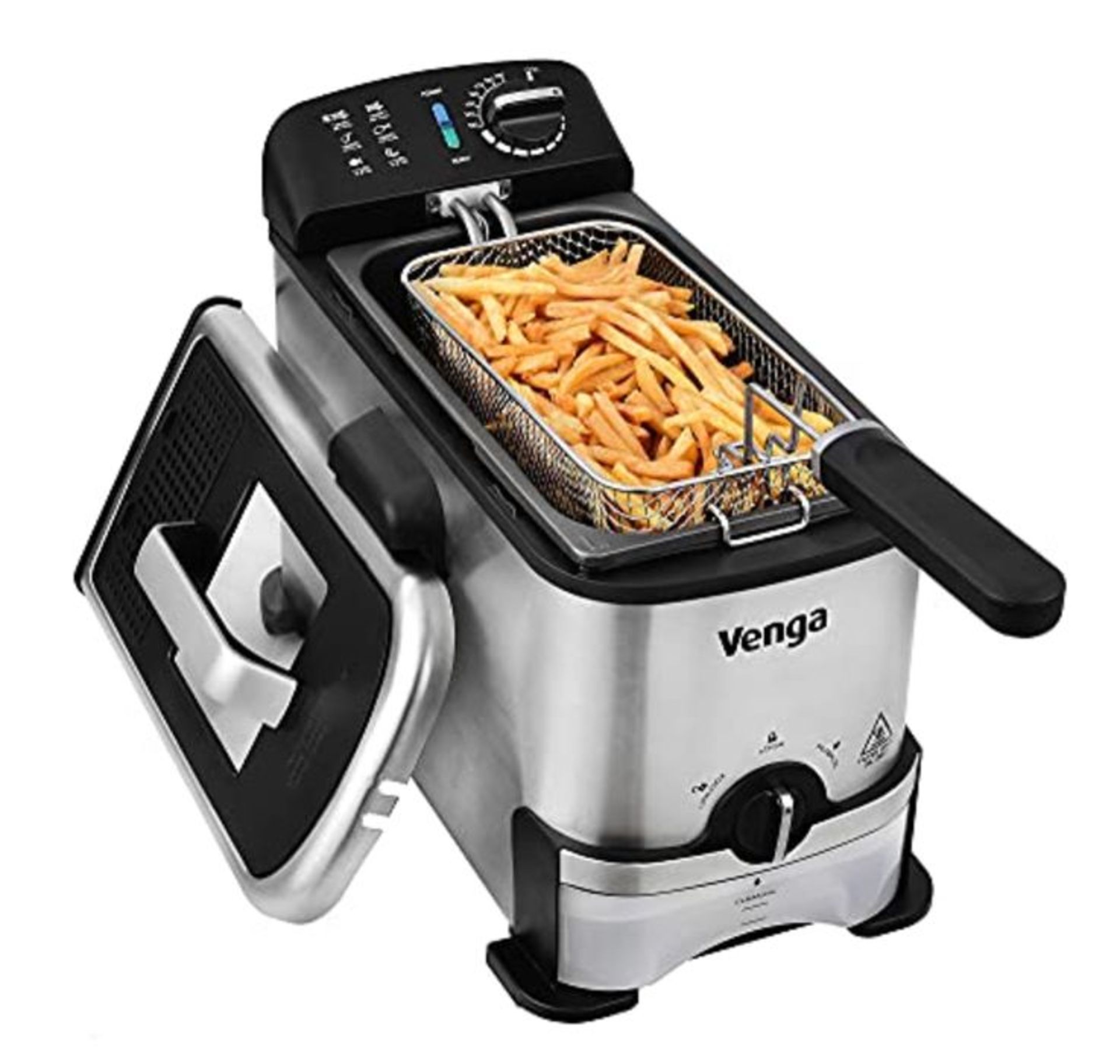 RRP £89.00 Venga! Semi-Professional Deep Fryer 3 L, Oil Filter & Container, 2000 W, Black/Silver,