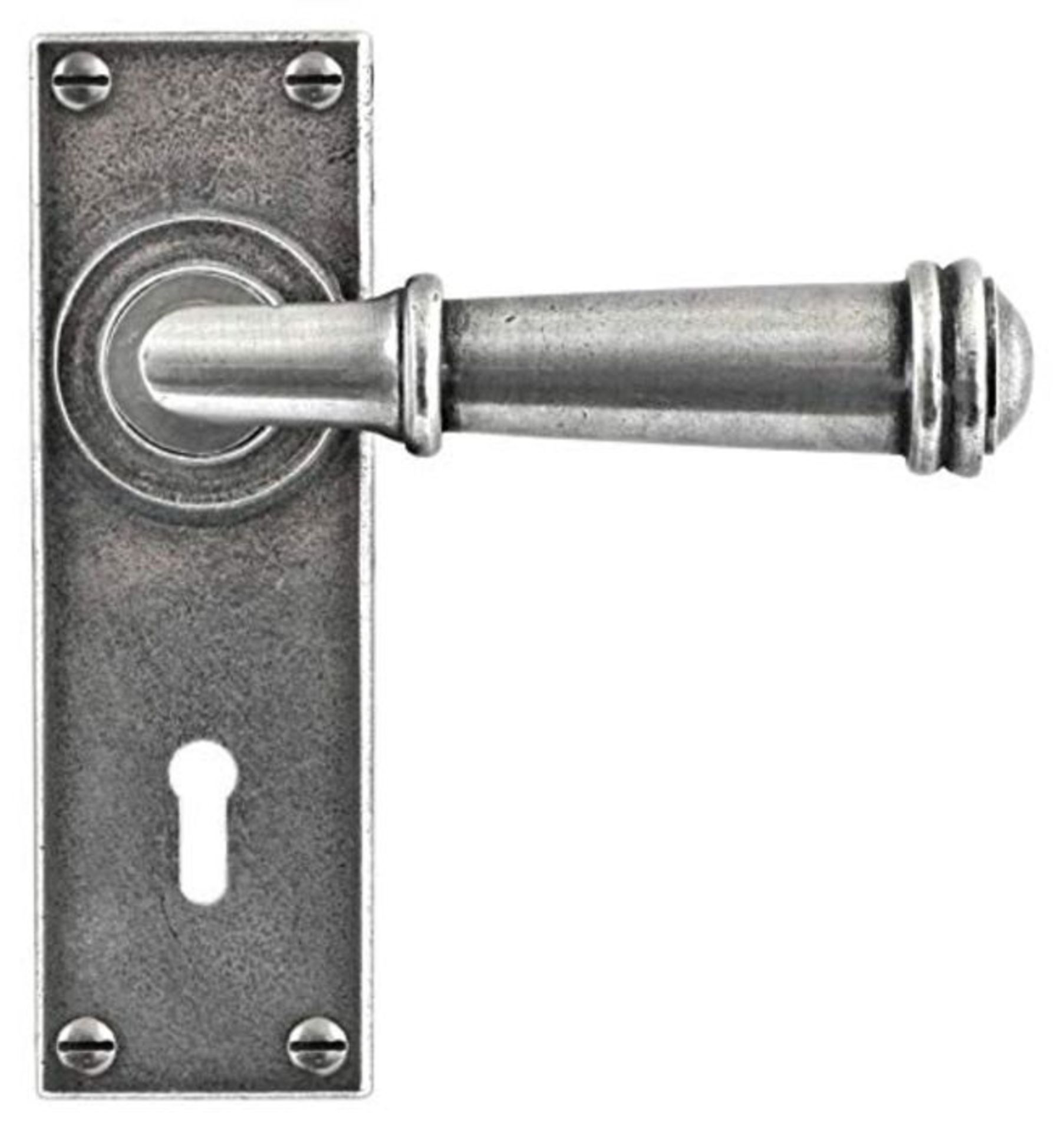 RRP £82.00 Durham Pewter Door Lever On Lock/Keyhole Backplate (75MM Projection)