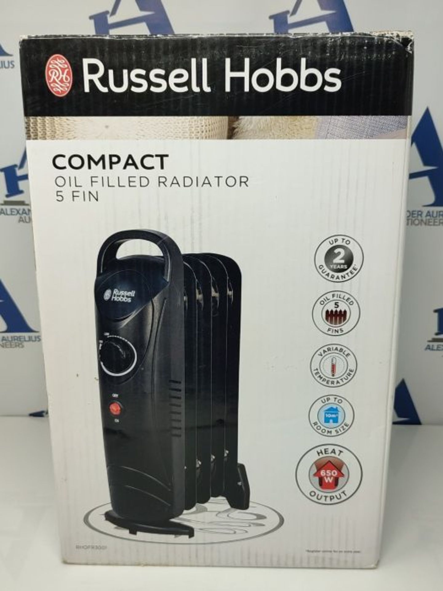 Russell Hobbs 650W Oil Filled Radiator, 5 Fin Portable Electric Heater - Black, Adjust - Image 2 of 3