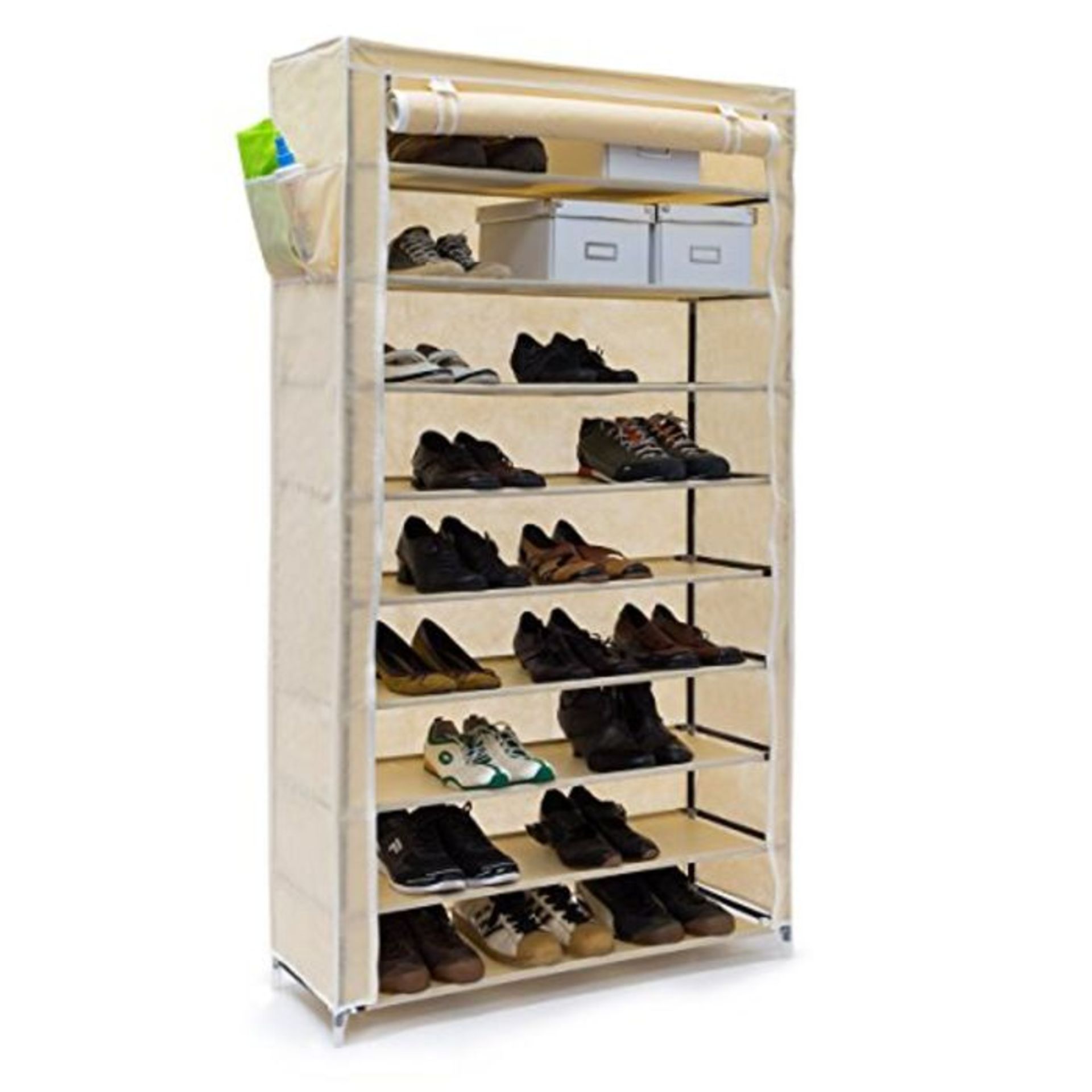 Relaxdays VALENTIN Shoe Rack Storage Unit, 161 x 88 x 30 cm, with Fabric Cover, 10 Sho