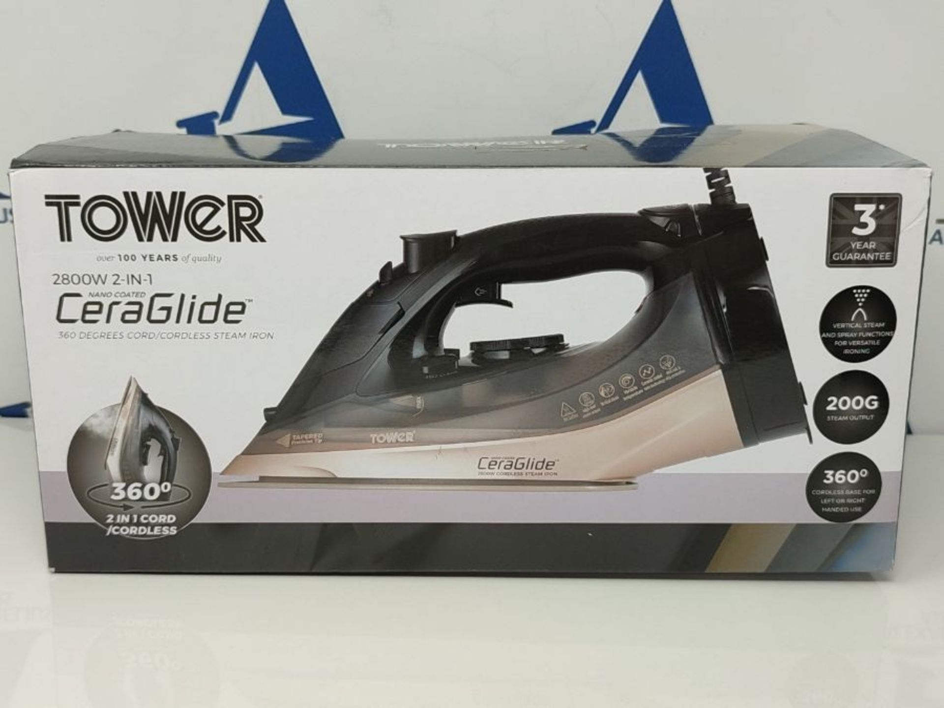 Tower Ceraglide T22019GLD 2 in 1 Cord or Cordless Steam Iron with Ceramic Soleplate, A - Image 2 of 3