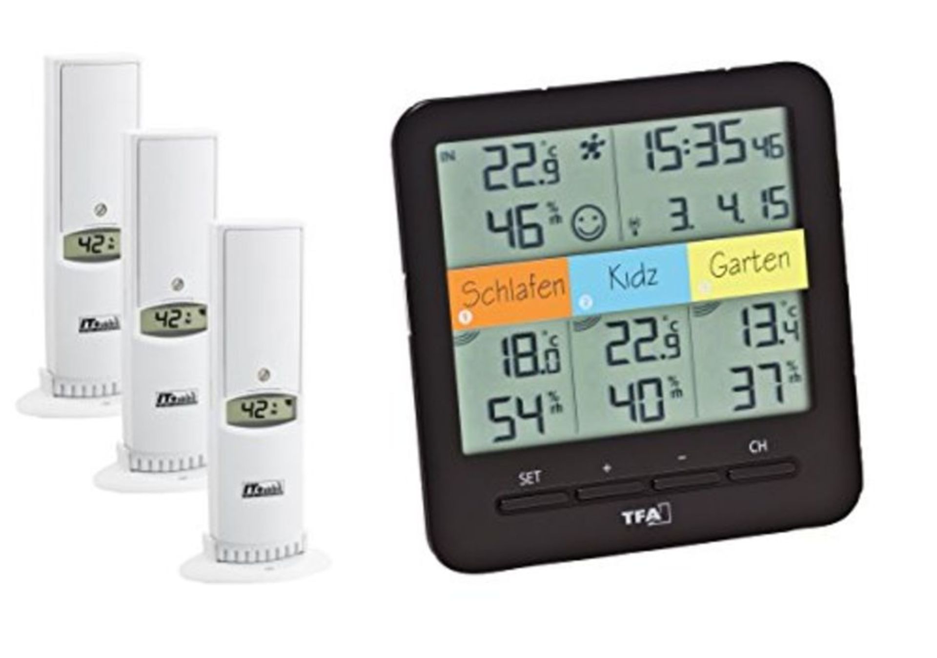 RRP £66.00 TFA Dostmann Klima Home Hygro-Station 30.3060.01 Funk-Thermo-Hygrometer mit 3 Sendern,