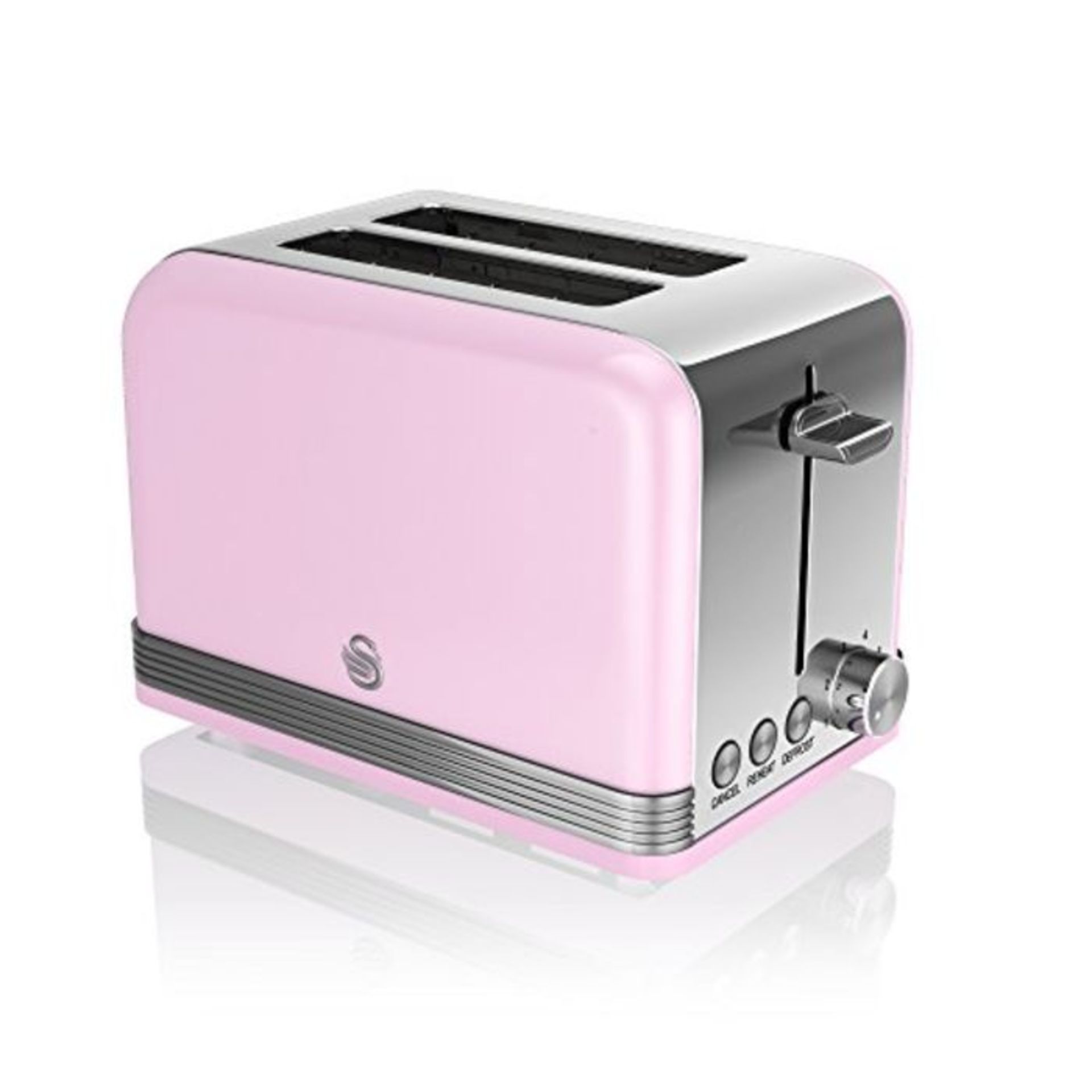 Swan 2 Slice Retro Toaster, Pink, Defrost, Cancel and Reheat Functions, Slide Out Crum