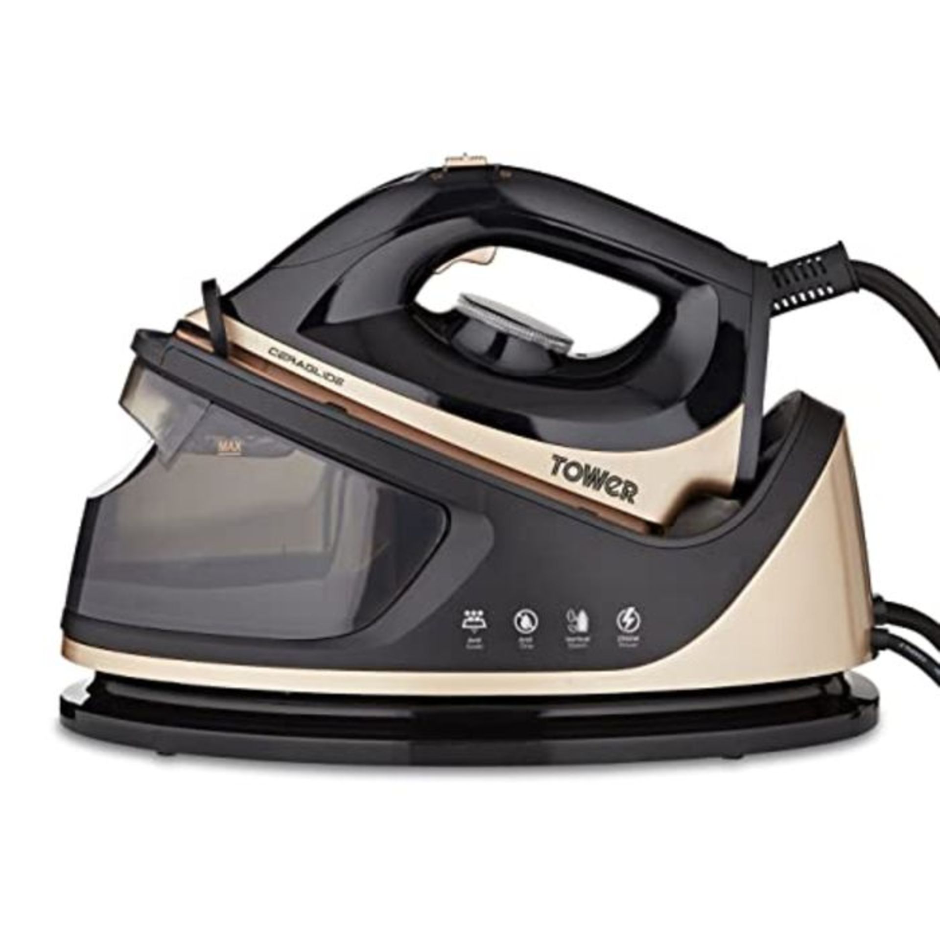 RRP £69.00 Tower T22023GLD Ceraglide Steam Generator Iron, 3 Bar Pressure, 2700W, 1.2 Litre Detac