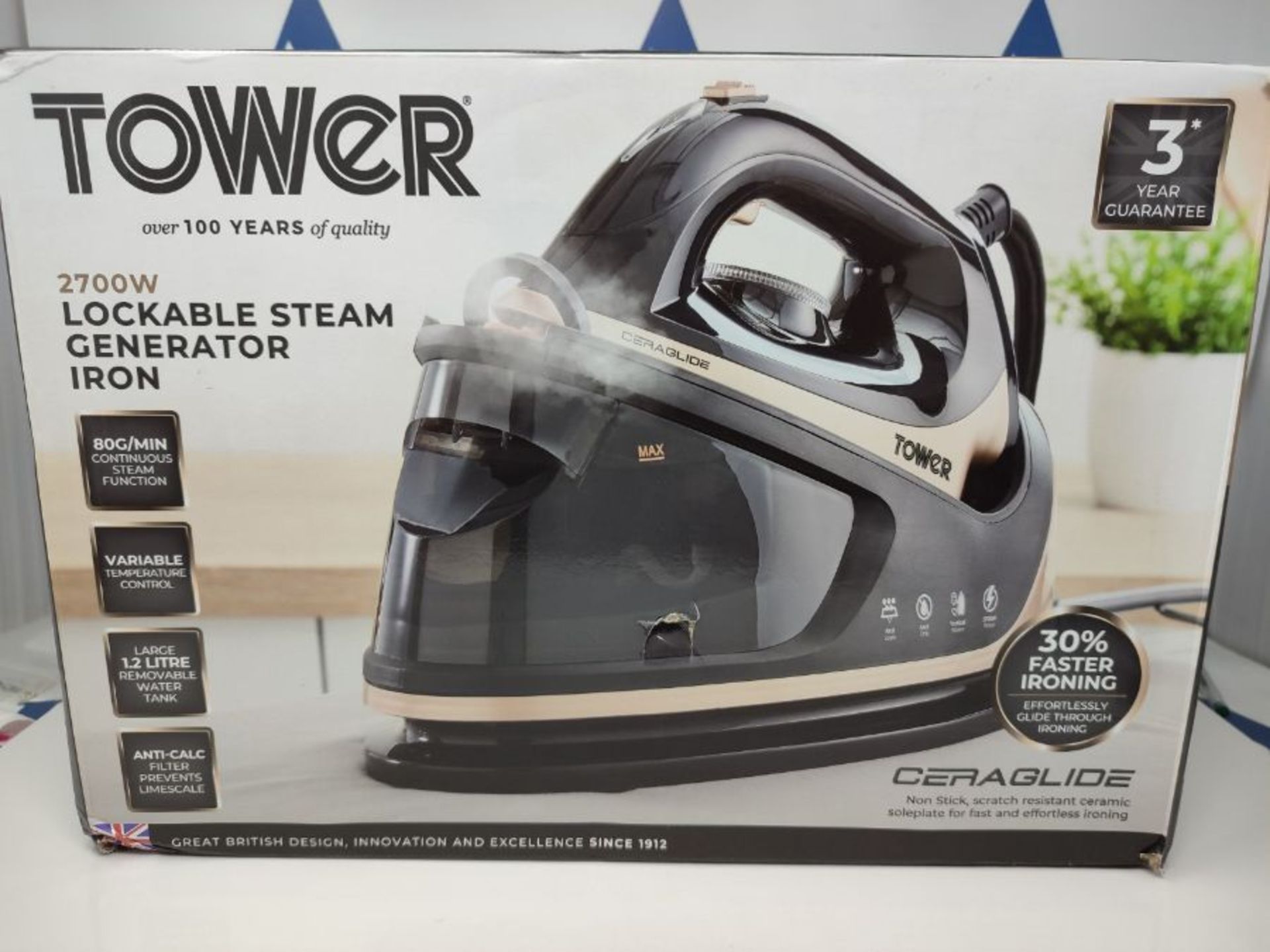 RRP £69.00 Tower T22023GLD Ceraglide Steam Generator Iron, 3 Bar Pressure, 2700W, 1.2 Litre Detac - Image 2 of 3