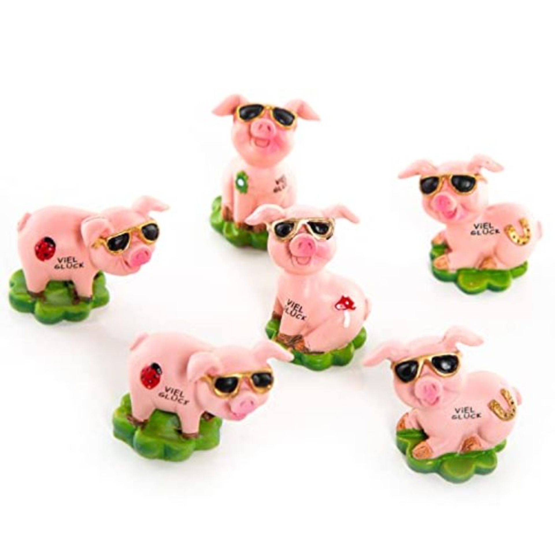 Logbuch-Verlag 6 Small Lucky Pigs on Clover Leaf Pink Green with Text "Viel Glück" (G