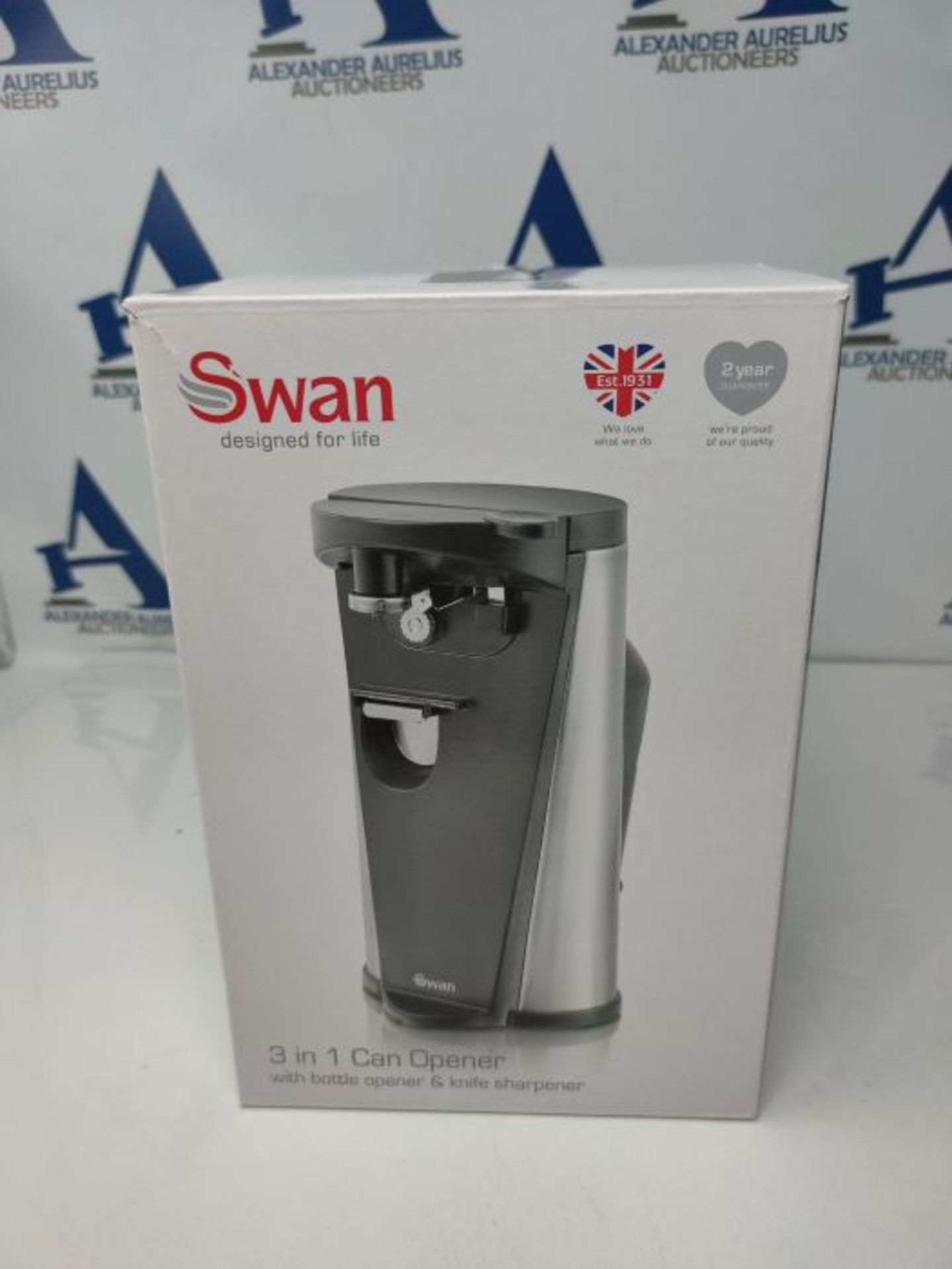 Swan 3-in-1 Hands Free Can Tin, Including Knife Sharpener and Bottle Opener, Stainless - Image 2 of 3